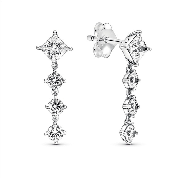 New Pandora Sparkling Round & Square Drop Earrings - Picture 4 of 7